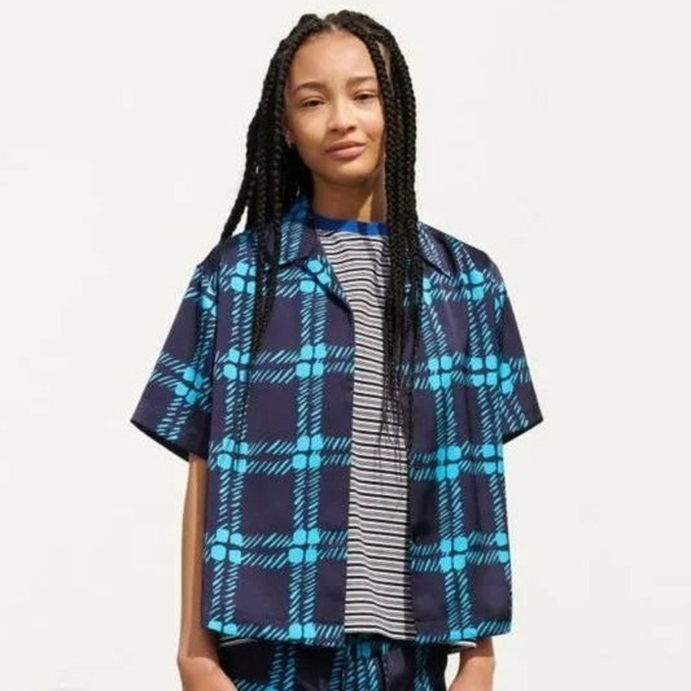 Marni Uniqlo Camp Collar Short Sleeve Shirt Women M Blue Plaid Checkered Boxy